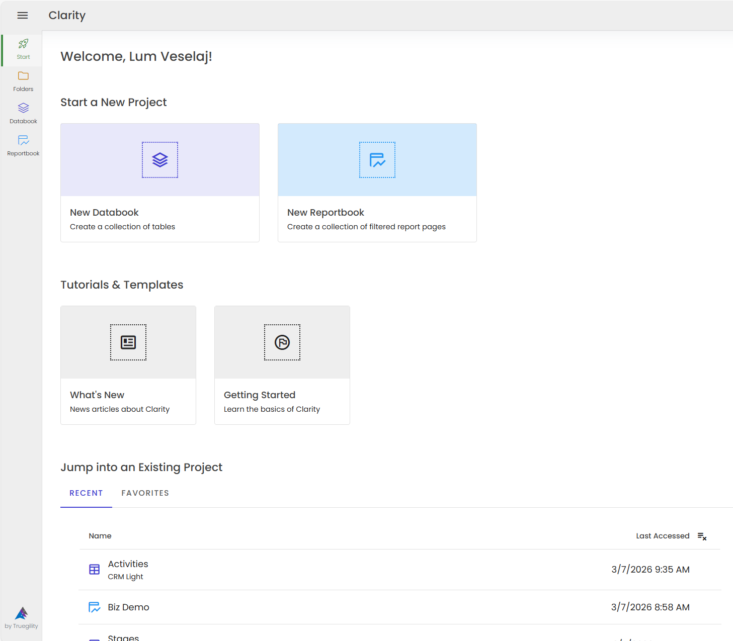 Clarity Platform start page